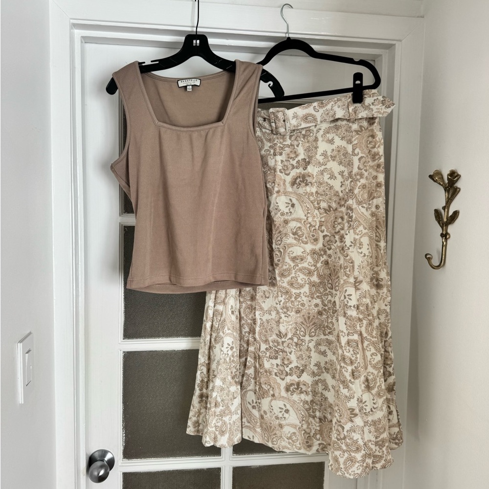 bagatelle Taupe Tank Top with Cream & Taupe Paisley Midi Skirt